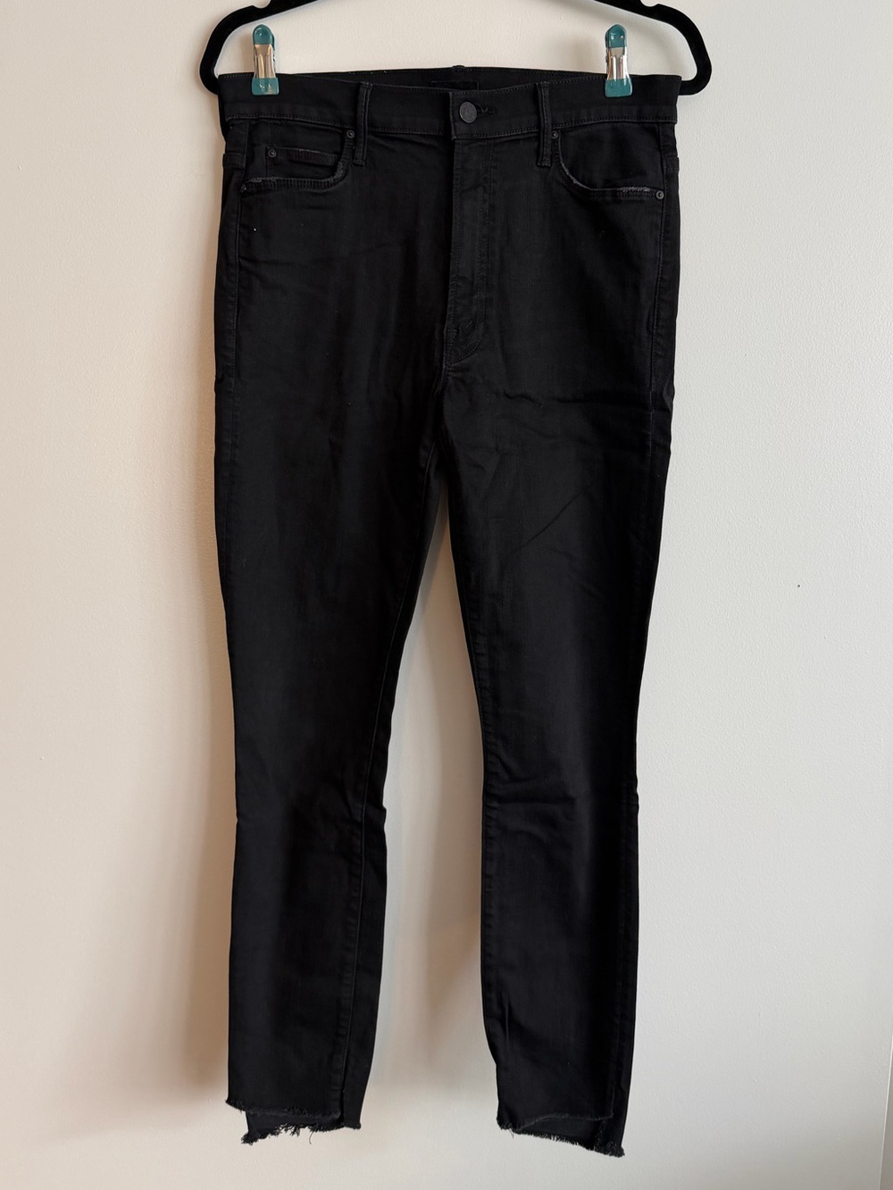 MOTHER Black Skinny Jeans Stunner Zip Ankle Step Fray in Not Guilty